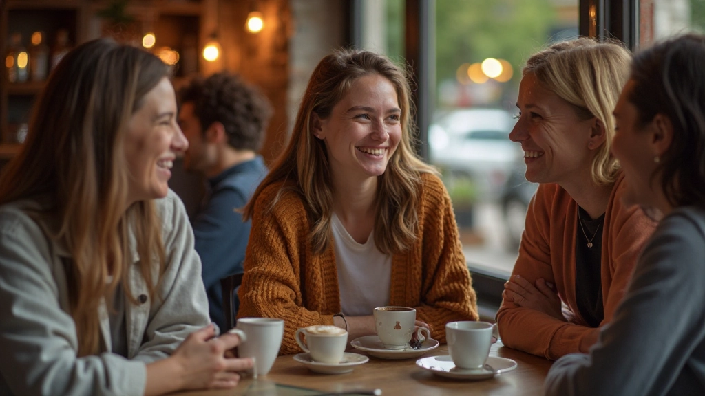 Groep vrienden die lachen en praten in een gezellige koffiebar